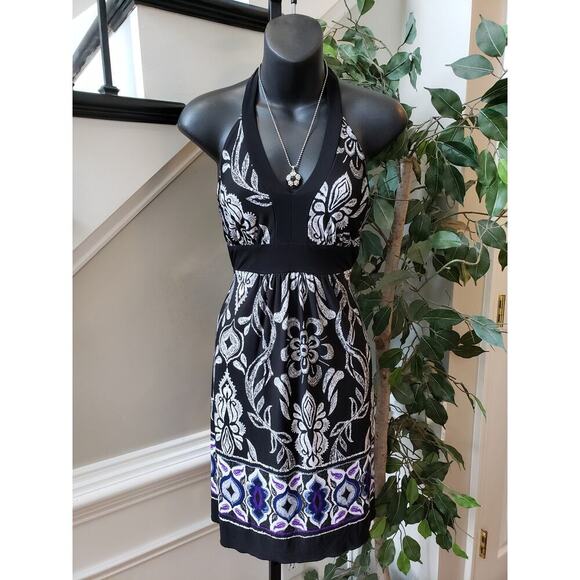 En Focus Studio Fit & Flare Dress Women Size 6 Black Floral Halter Neck Backless - Picture 1 of 10